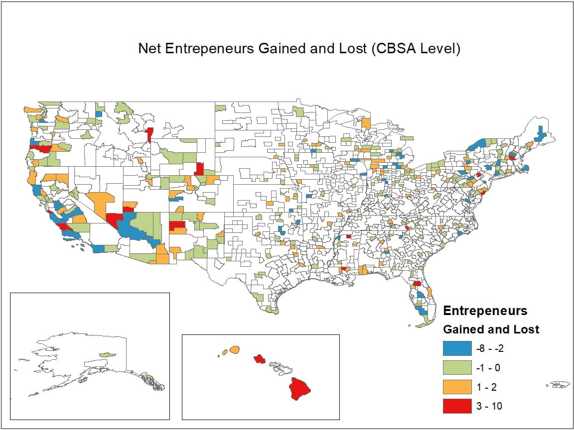 Map of net entrepreneurs gained and lost by CBSA level