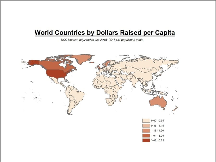 A world map that shows world countries by dollars raised per capita. This highest amounts appear in the U.S. and Europe.